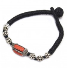 Sterling Silver 925 Beads Black Thread Bracelet Orange Coral Gem Stone A378